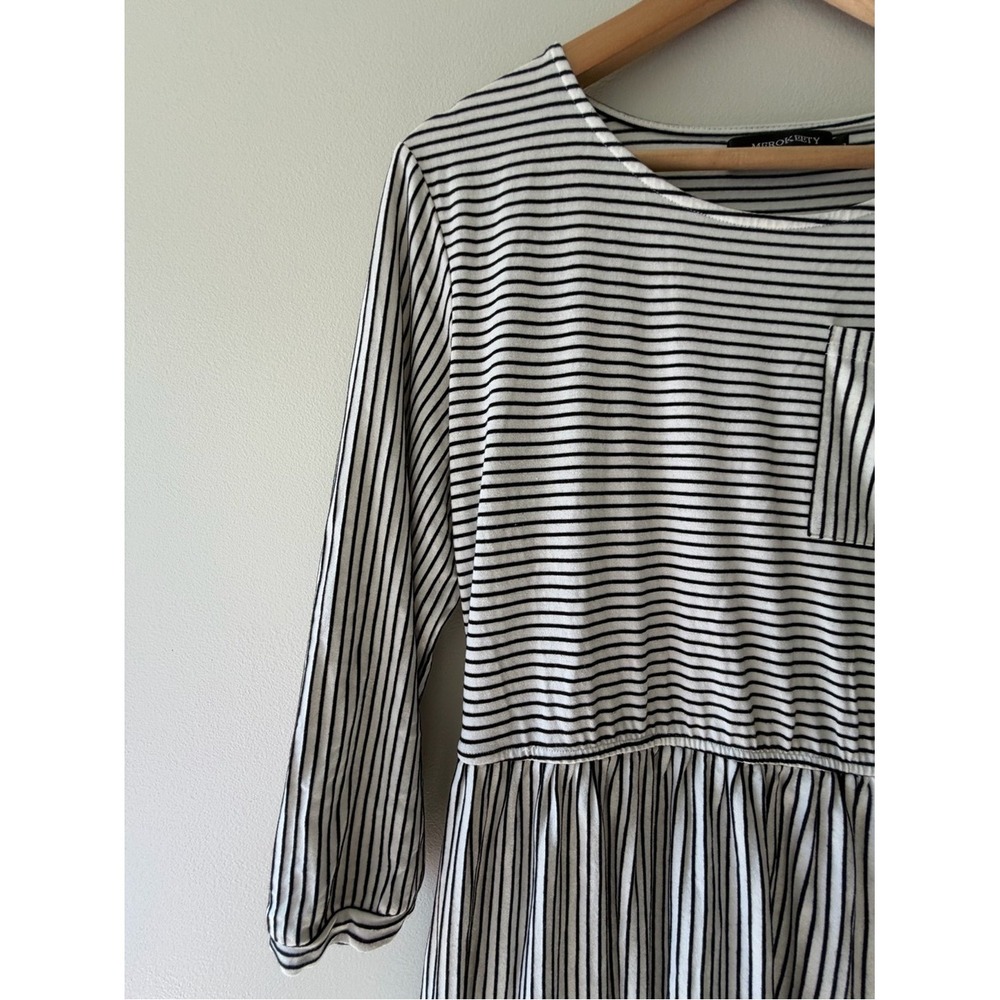 Nautical Minimalist Merokeety Midi Dress L Black White Striped 3/4 Sleeve Pocket - Picture 2 of 7